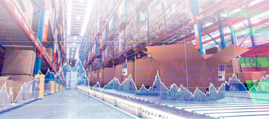 Poster - Composite image of row of brown cardboard boxes on conveyor belt