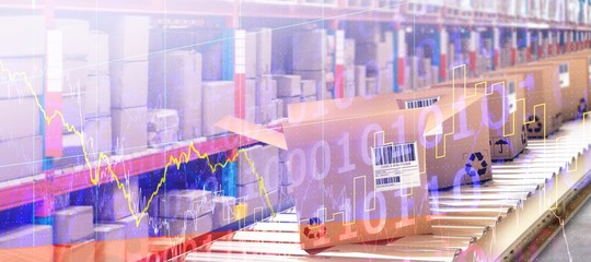 Poster - Composite image of row of cardboard boxes on conveyor belt