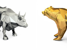 Render Illustration Of Golden Bull And Bear Head