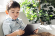 © Louis-Paul Photo - Little boy with digital tablet sitting on sofa, on home interior background
