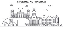 England, Nottingham Architecture Line Skyline Illustration. Linear Vector Cityscape With Famous Landmarks, City Sights, Design Icons. Editable Strokes