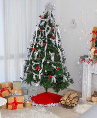 Poster - Beautiful Christmas tree with skirt and gifts at home