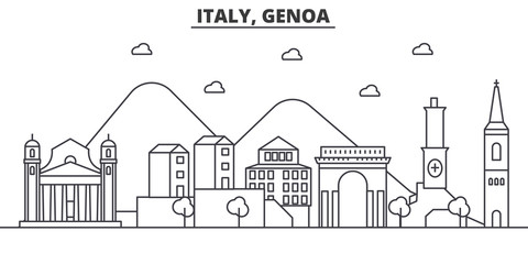 Wall Mural - Italy, Genoa architecture line skyline illustration. Linear vector cityscape with famous landmarks, city sights, design icons. Editable strokes