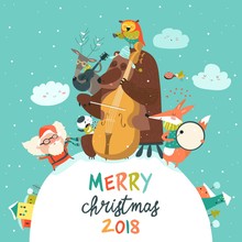Cute Merry Christmas Card With Animals, Santa And Music