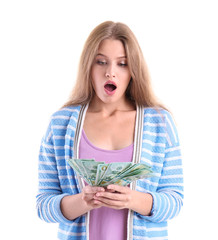 Poster - Beautiful young woman with dollar bills on white background