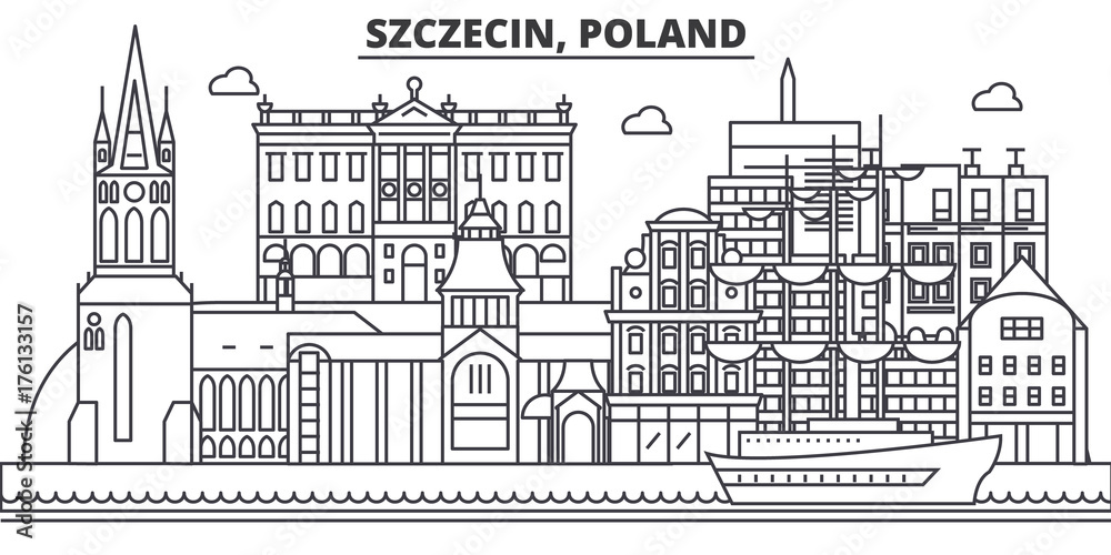 Poland, Szczecin architecture line skyline illustration. Linear vector cityscape with famous landmarks, city sights, design icons. Editable strokes - obrazy, fototapety, plakaty 
