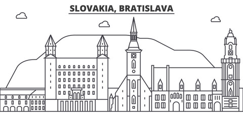 Wall Mural - Slovakia, Bratislava architecture line skyline illustration. Linear vector cityscape with famous landmarks, city sights, design icons. Editable strokes