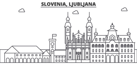 Wall Mural - Slovenia, Ljubljana architecture line skyline illustration. Linear vector cityscape with famous landmarks, city sights, design icons. Editable strokes