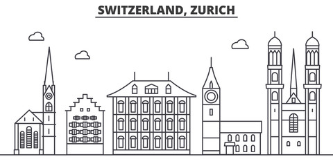 Wall Mural - Switzerland, Zurich architecture line skyline illustration. Linear vector cityscape with famous landmarks, city sights, design icons. Editable strokes