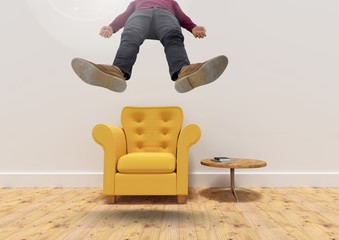 Poster - Man floating up from armchair in room