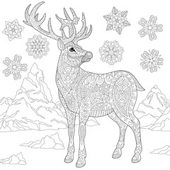 Coloring page of deer (reindeer) and winter snowflakes. Freehand sketch drawing for adult antistress coloring book in zentangle style with doodle elements.