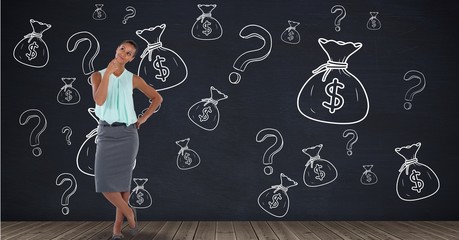Aufkleber - Happy woman thinking in front of money on wall