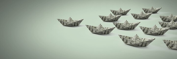 Poster - Group of Paper money dollar boats on green background