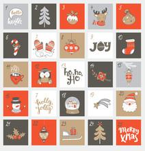 Christmas Advent Calendar With Different Christmas Symbols For Your Design. Vector Illustration.