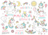 Set of unicorns and different magic elements with some lettering. Vector illustration.