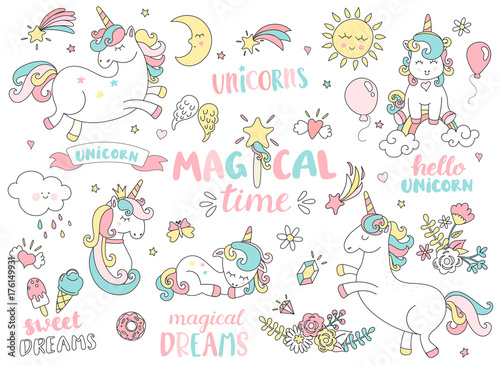 Cuadros en Lienzo Set of unicorns and different magic elements with some lettering