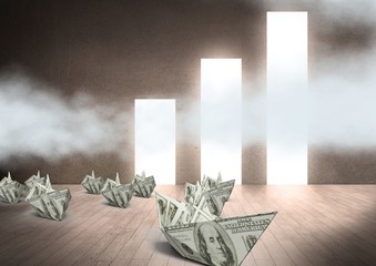 Poster - Paper dollar money boats with dollar money bar charts windows