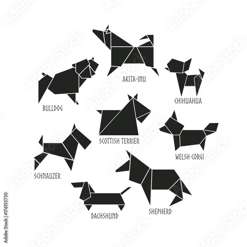 Download Origami dogs icon set. Abstract black pet dog breed sign ...