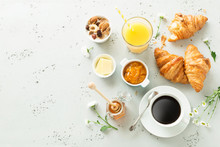 Continental Breakfast On Stone Table From Above - Flat Lay