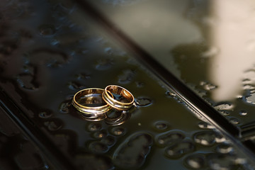 Wedding rings with water drops on a dark background