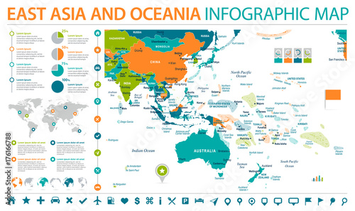 East Asia And Oceania Map Info Graphic Vector Illustration Buy