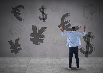 Poster - man in front of money on wall with arms up
