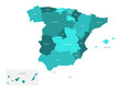 Map of Spain devided to 17 administrative autonomous communities. Simple flat vector map in shades of turquoise blue.