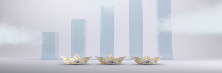 Poster - Paper boats of euro money in room with bar charts
