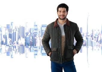 Poster - Man wearing coat with bright  city background