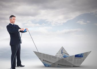 Poster - Businessman pulling paper boat