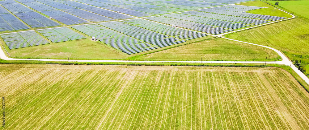 Solar Field Austin Panorama aerial view of solar farm near Austin, Texas, USA. Renewable ...