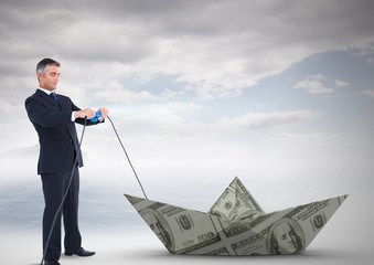 Poster - businessman pulling paper money dollar boat