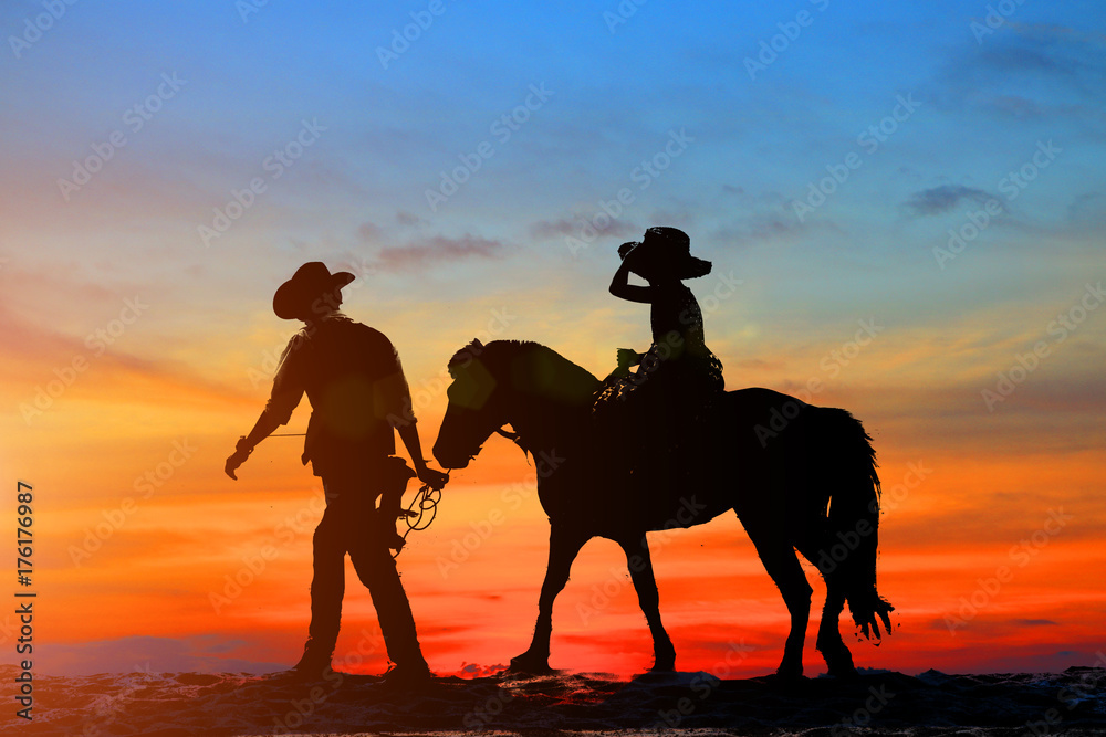 silhouette, girl riding a horse on the beach Stock Illustration | Adobe ...