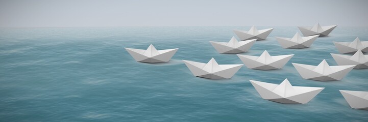 Sticker - Composite image of paper boats arranged on white background