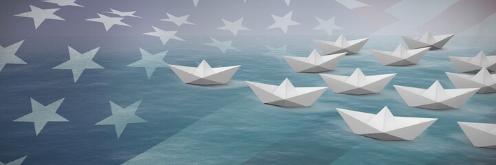 Poster - composite image of paper boats arranged on white background