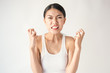portrait of angry pensive mad crazy asian woman screaming out (expression, facial), beauty portrait of young asian woman madly panic isolated on white background.