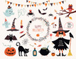 Halloween collection with hand drawn elements, witch, ghosts and wreath