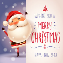Santa Claus With Big Signboard. Merry Christmas Calligraphy Lettering Design. Creative Typography For Holiday Greeting.