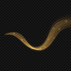 Light line gold wave effect. Vector glitter light fire flare trace