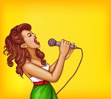 Expressive Singing Woman With Microphone In Hands Pop Art Vector Illustration With Copyspace. Karaoke Signer, Musical Band Vocalist, Pop Star Pin Up Portrait For Party, Concert Or Musical Event Ad
