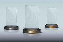 Glass Golden, Silver And Bronze Winner Podium Plate With Mirror Reflection. Vector Illustration