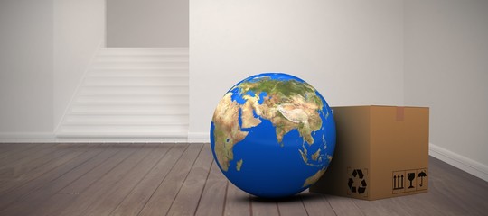 Poster - Composite image of 3d planet earth and cardboard box against
