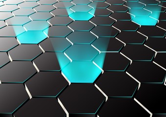 Wall Mural - Perspective hexagonal background with blue lights