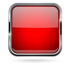 Poster - Red square button with bold chrome frame. 3d shiny icon