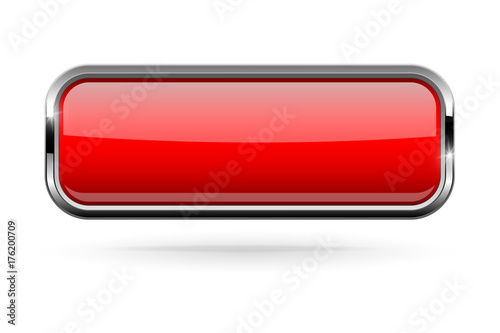 Fotografie, Obraz Red rectangle button with bold chrome frame. 3d shiny icon