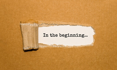 Fototapete - The text In the beginning appearing behind torn brown paper