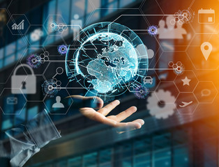 Poster - international business network connection displayed on a futuristic interface with technology icon a