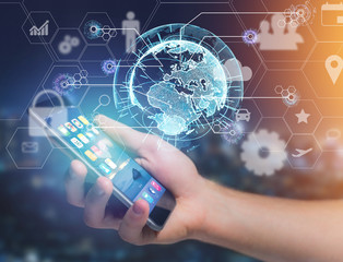 Poster - International business network connection displayed on a futuristic interface with technology icon and sphere globe - Worldwide business concept