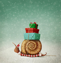 Holiday Greeting Card With  Snail And Gifts For Christmas Or New Year 