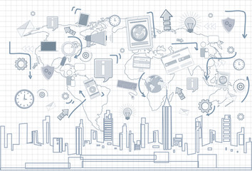 Poster - Social Media Communication Internet Network Connection Over City Skyscraper View Cityscape Squared Background Vector Illustration